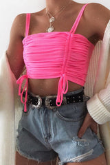 Neon Pink Slinky Ruched Detail Crop Top - Bellah-Crop Tops
