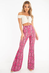 Neon Pink Snake Print Flared Trousers - Mianna-Trousers