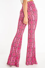 Neon Pink Snake Print Flared Trousers - Mianna-Trousers