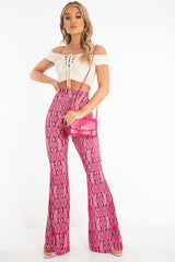 Neon Pink Snake Print Flared Trousers - Mianna-Trousers
