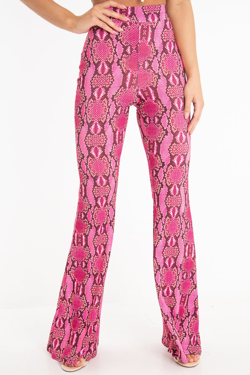 Neon Pink Snake Print Flared Trousers - Mianna-Trousers