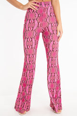 Neon Pink Snake Print Flared Trousers - Mianna-Trousers