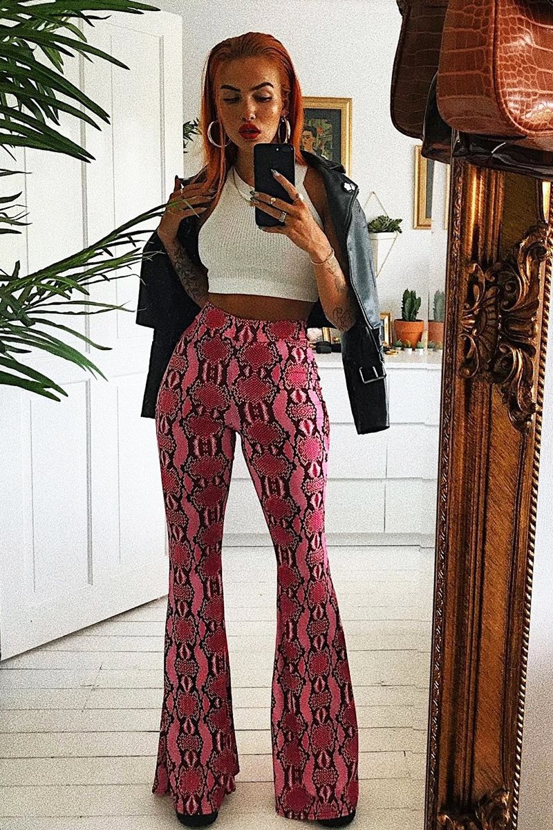Neon Pink Snake Print Flared Trousers - Mianna-Trousers