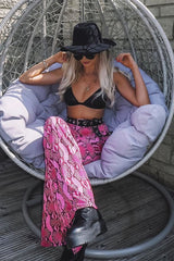 Neon Pink Snake Print Flared Trousers - Mianna-Trousers