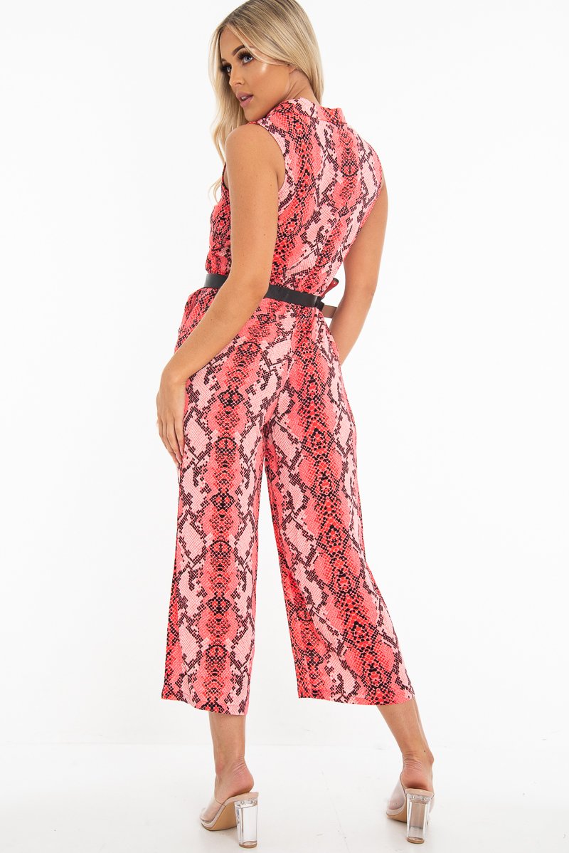 Neon Pink Snake Wide Leg Belted Jumpsuit - Sonny-Jumpsuits