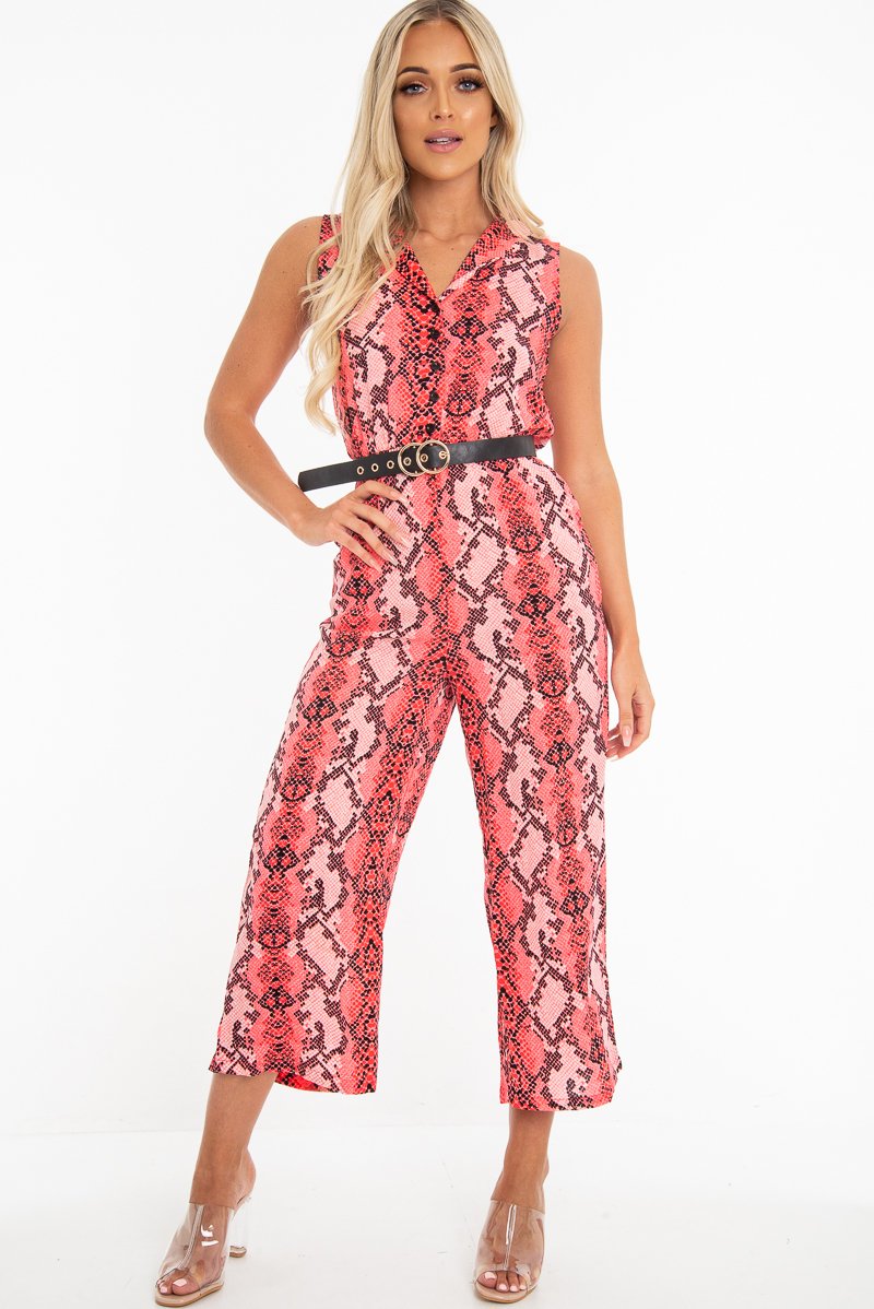 Neon Pink Snake Wide Leg Belted Jumpsuit - Sonny-Jumpsuits