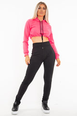 Neon Pink Zip Front Drawstring Waist Hoodie Crop Top - Rudi-Hoodies