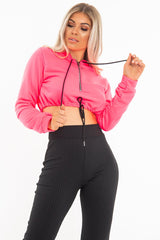 Neon Pink Zip Front Drawstring Waist Hoodie Crop Top - Rudi-Hoodies