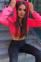 Neon Pink Zip Front Drawstring Waist Hoodie Crop Top - Rudi-Hoodies
