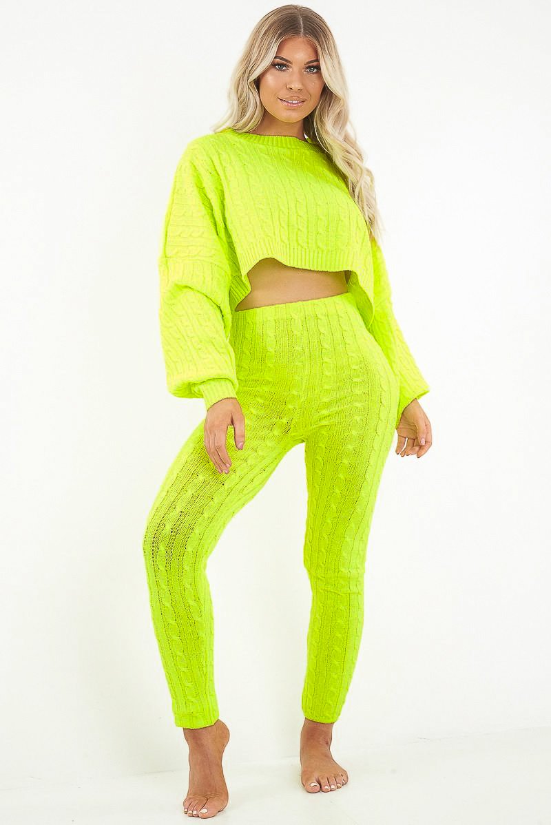 Neon Yellow Cable Knit Batwing Jumper Loungwear Set - Janea-Co-ords