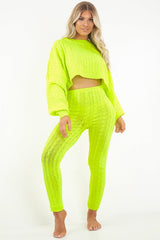 Neon Yellow Cable Knit Batwing Jumper Loungwear Set - Janea-Co-ords