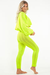 Neon Yellow Cable Knit Batwing Jumper Loungwear Set - Janea-Co-ords