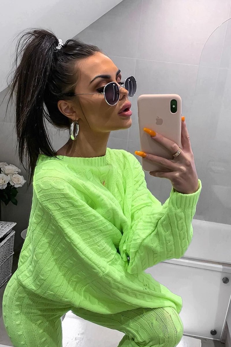 Neon Yellow Cable Knit Batwing Jumper Loungwear Set - Janea-Co-ords