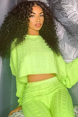 Neon Yellow Cable Knit Batwing Jumper Loungwear Set - Janea-Co-ords