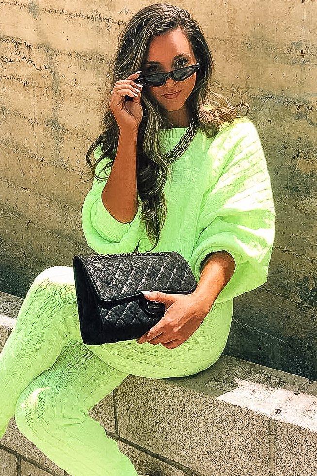 Neon Yellow Cable Knit Batwing Jumper Loungwear Set - Janea-Co-ords
