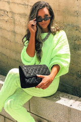 Neon Yellow Cable Knit Batwing Jumper Loungwear Set - Janea-Co-ords