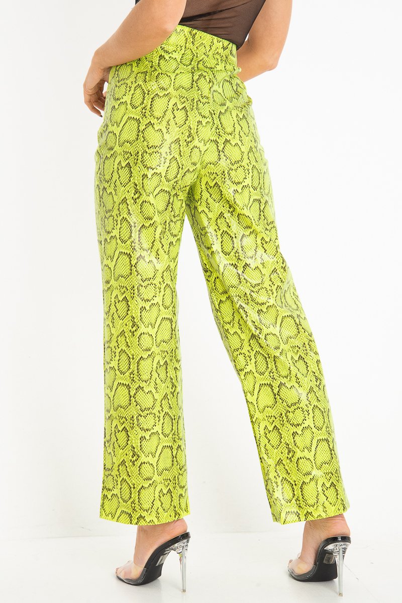 Neon Yellow Coated Snake Print Trousers - Missy-Trousers
