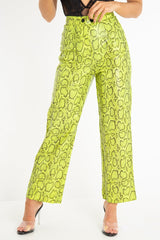 Neon Yellow Coated Snake Print Trousers - Missy-Trousers