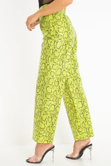 Neon Yellow Coated Snake Print Trousers - Missy-Trousers