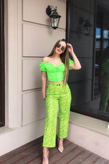 Neon Yellow Coated Snake Print Trousers - Missy-Trousers