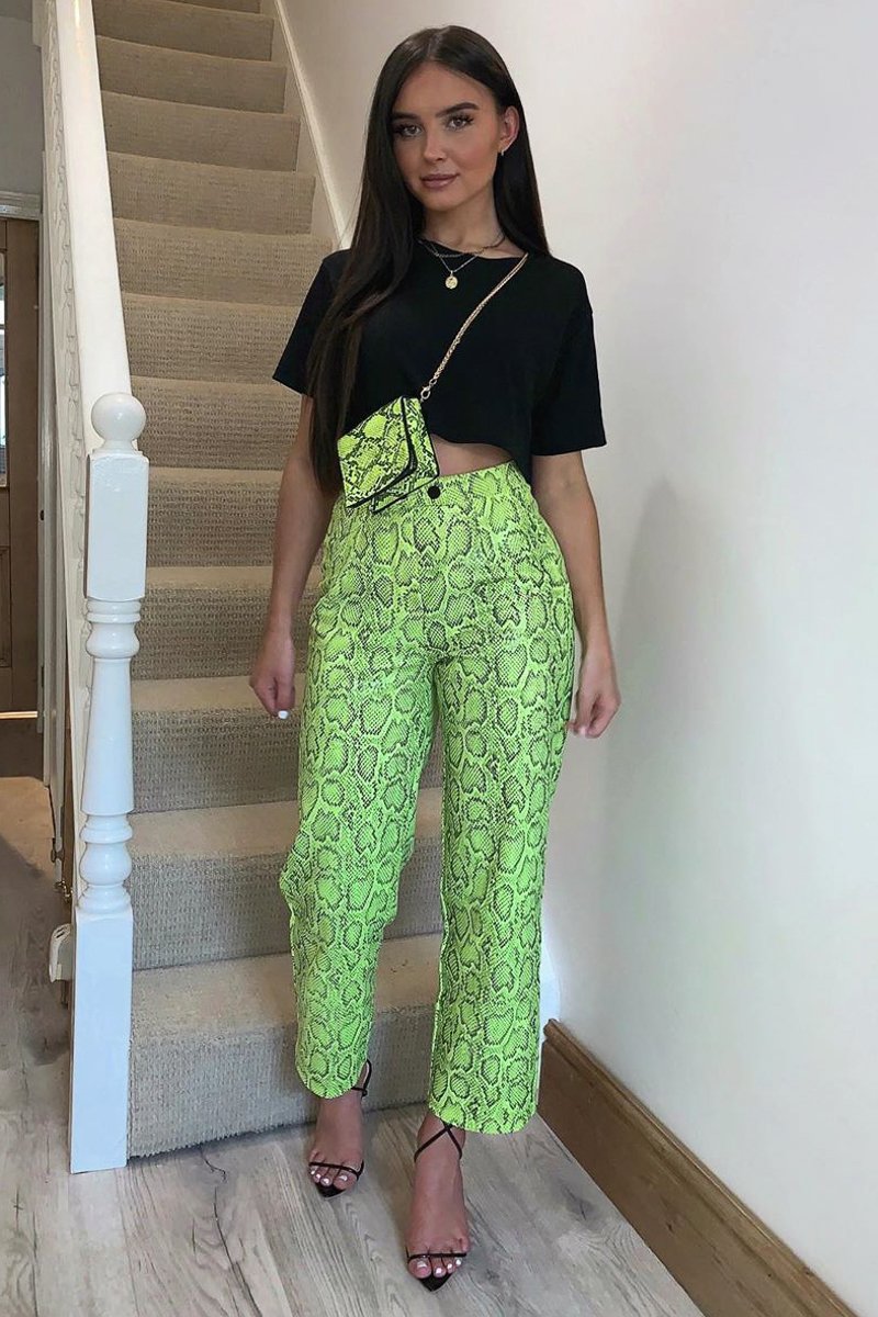 Neon Yellow Coated Snake Print Trousers - Missy-Trousers