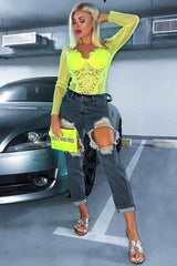 Neon Yellow Dobby Mesh Low Cut Bodysuit - Tamara-Bodysuits