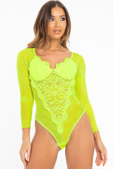 Neon Yellow Dobby Mesh Low Cut Bodysuit - Tamara-Bodysuits