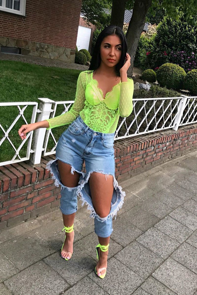 Neon Yellow Dobby Mesh Low Cut Bodysuit - Tamara-Bodysuits