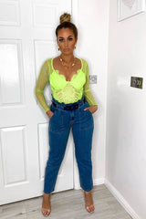 Neon Yellow Dobby Mesh Low Cut Bodysuit - Tamara-Bodysuits