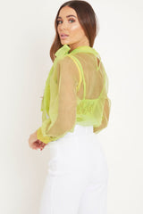 Neon Yellow Mesh Balloon Sleeve Blouse - Elvina-Tops