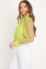 Neon Yellow Mesh Balloon Sleeve Blouse - Elvina-Tops