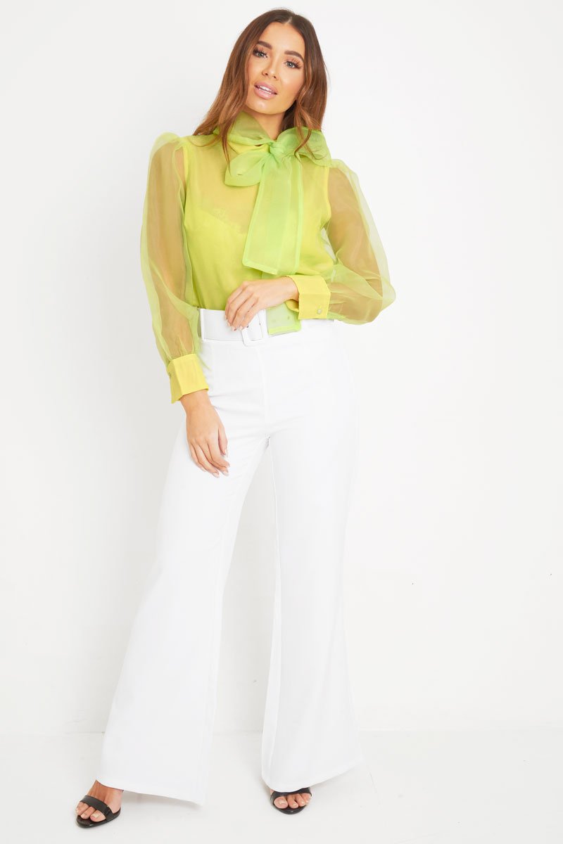 Neon Yellow Mesh Balloon Sleeve Blouse - Elvina-Tops