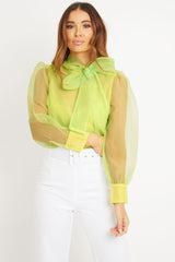 Neon Yellow Mesh Balloon Sleeve Blouse - Elvina-Tops