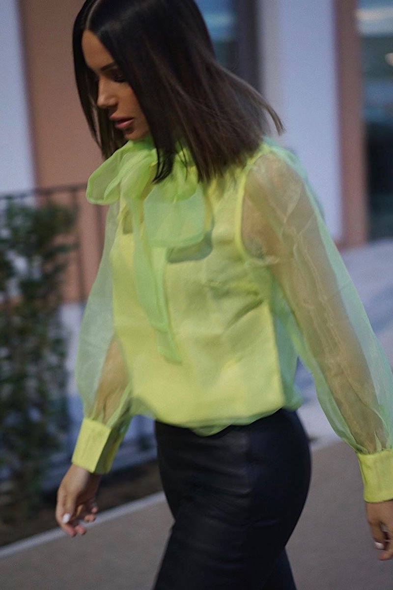 Neon Yellow Mesh Balloon Sleeve Blouse - Elvina-Tops