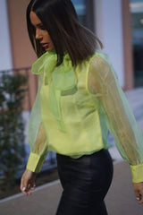 Neon Yellow Mesh Balloon Sleeve Blouse - Elvina-Tops