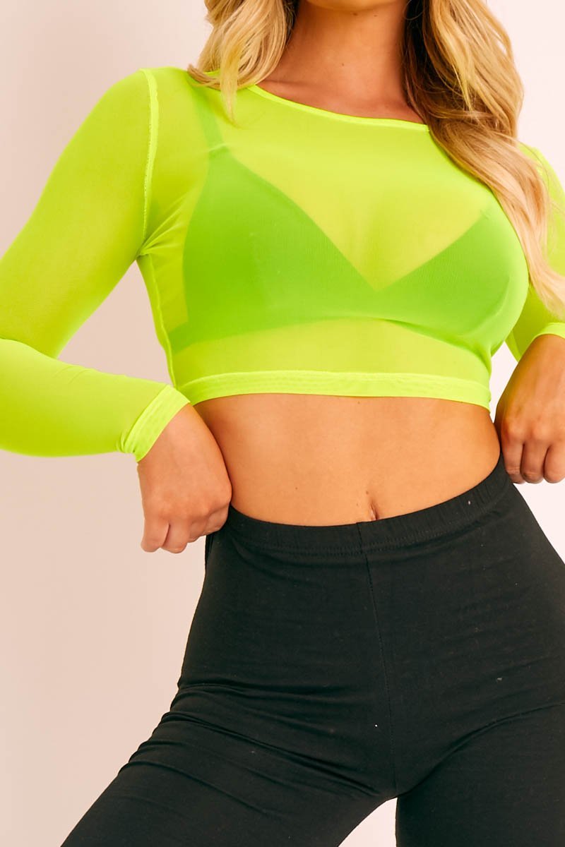 Neon Yellow Mesh Long Sleeve Crop Top - Aaima-Tops