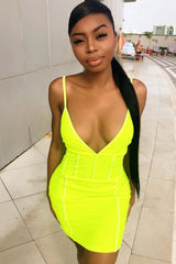 Neon Yellow Mesh Overlay Plunge Bodycon Dress - Teja-Dresses