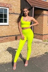 Neon Yellow One Shoulder Crop Top and Leggings Co-Ord - Marrie-Co-ords