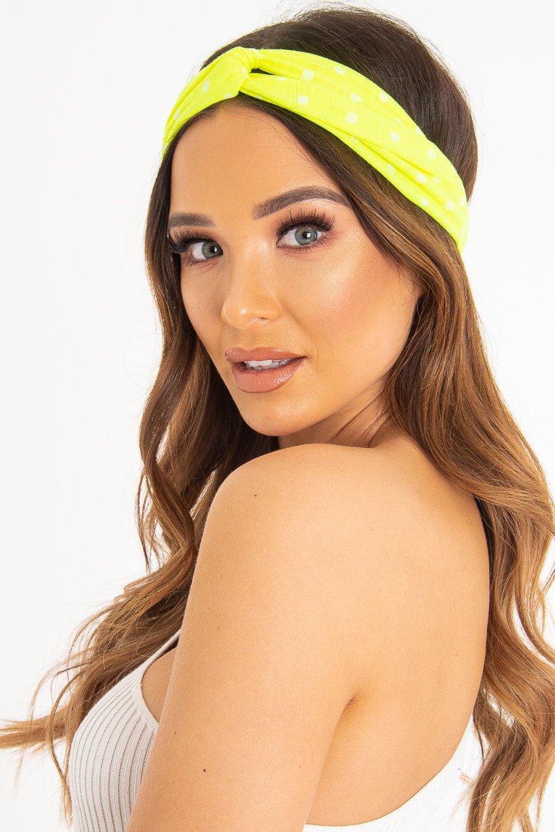 Neon Yellow Polka Dot Twist Headband - Kentlee-Hair