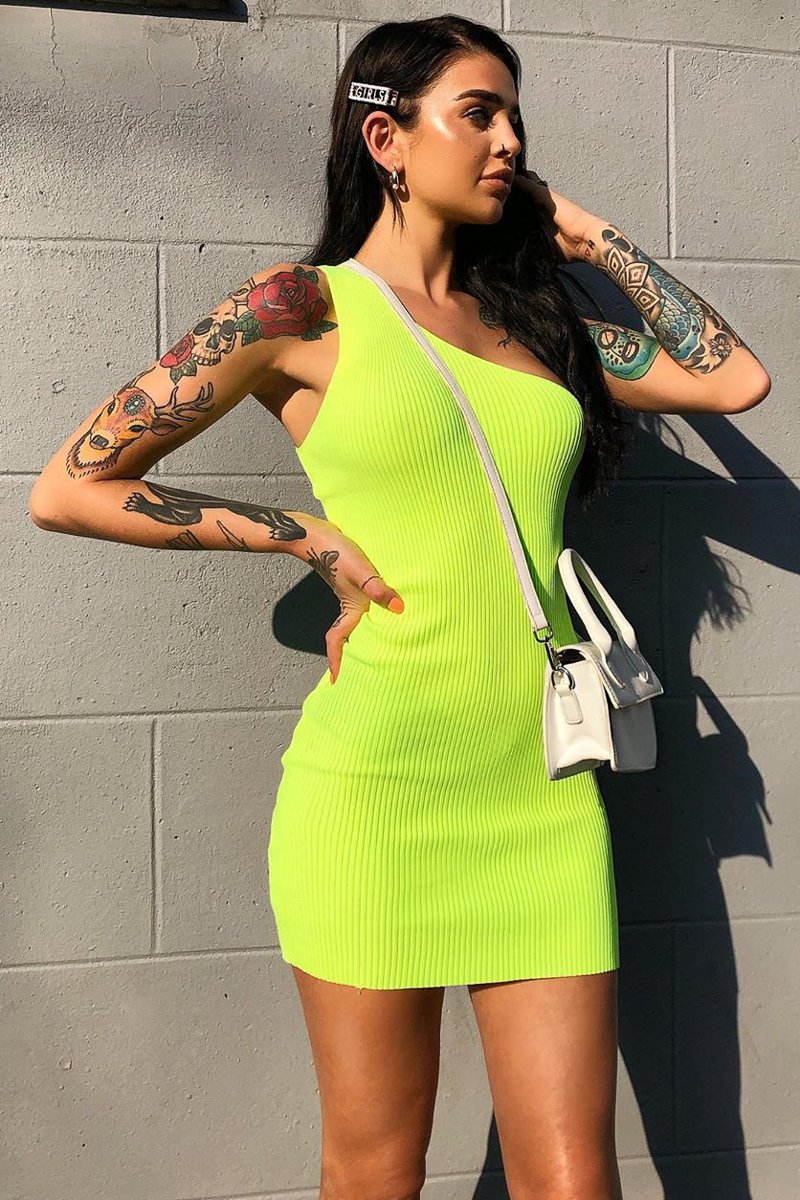 Neon Yellow Rib Knit One Shoulder Mini Dress - Elisabeth-Dresses