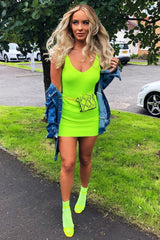 Neon Yellow Rib Knit V Neck Mini Bodycon Dress - Amylia-Dresses