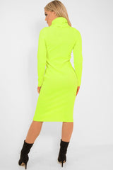 Neon Yellow Roll Neck Rib Midi Jumper Dress - Giana-Dresses