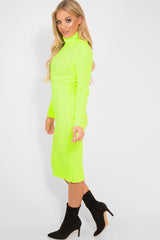 Neon Yellow Roll Neck Rib Midi Jumper Dress - Giana-Dresses