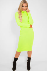 Neon Yellow Roll Neck Rib Midi Jumper Dress - Giana-Dresses