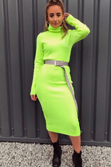 Neon Yellow Roll Neck Rib Midi Jumper Dress - Giana-Dresses