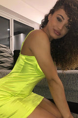 Neon Yellow Satin Clasp Front Cup Mini Dress - Teana-Dresses