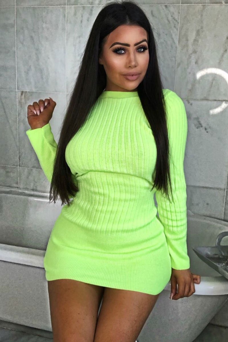 Neon Yellow Slash Neck Jumper Dress - Jeslyn-Dresses
