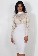 Neriah White High Neck Lace Bodycon Dress-Dresses
