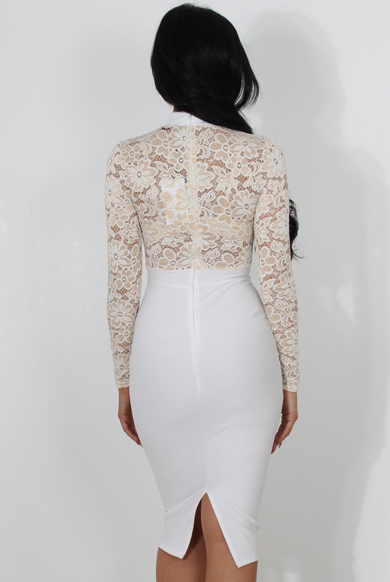 Neriah White High Neck Lace Bodycon Dress-Dresses