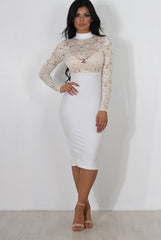 Neriah White High Neck Lace Bodycon Dress-Dresses